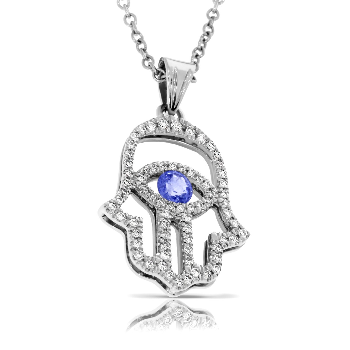 Sapphire & Diamond Pendant Hamsa With Prayer
